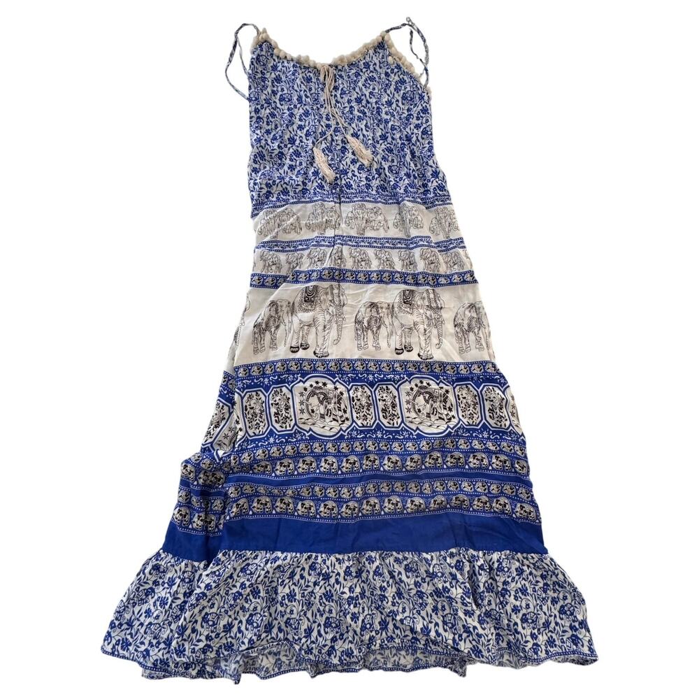 Debbie Katz Resort Wear Blue and White Elephant Print Maxi Dress Size Large